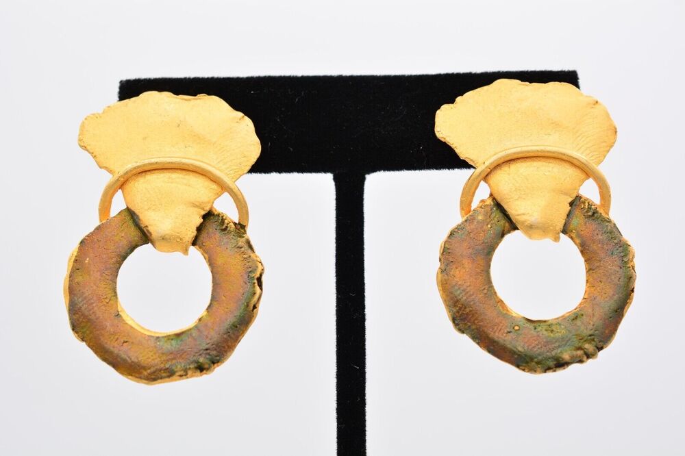 Vintage Brutalist Clip On Earrings Dangle Brushed Gold Matte Chunky 1980s BinAA